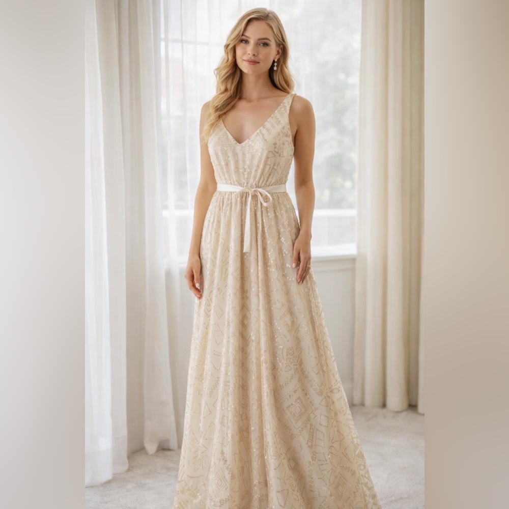 NWT Angela Fasciana Champagne Sequin Bridal Formal Dress Elastic Waist Sz 14